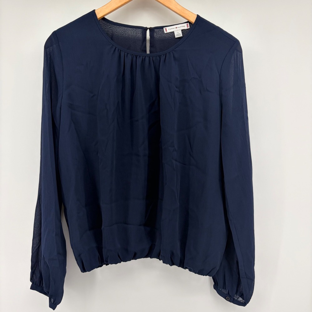 Tommy Hilfiger Blouse Navy Blue Crepe Long Sleeve Keyhole Back Top Womens Size S